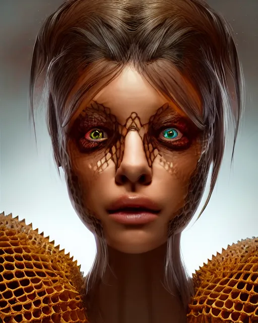 Image similar to headshot portrait of nightmare queen inspired by honeycomb beehives, detailed, textured, realistic, unreal engine, cgsociety, cinematic lighting, concept art