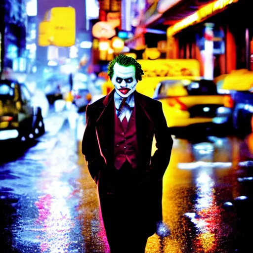 Image similar to night flash portrait photography of thejoker on the lower east side by annie leibovitz, colorful!!, nighttime!, raining!