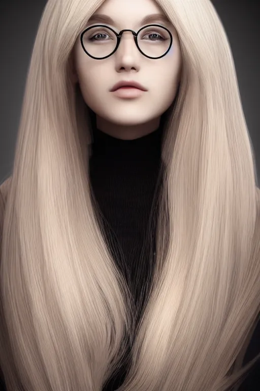 Prompt: detailed portrait of an attractive woman with long blonde hair and a full fringe, wearing large clear thin round glasses, wearing modern black clothes, trending art, award winning 3D cartoon render, art portrait, blender character design, pretty 3D illustration, highly detailed octane render, sakimichan
