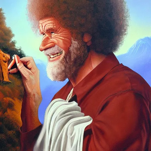 Prompt: oil painting of Bob Ross painting the devil and making him smile and blush