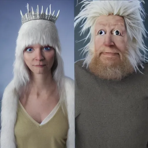 Image similar to the ice king from adventure time as a real person, photo realistic