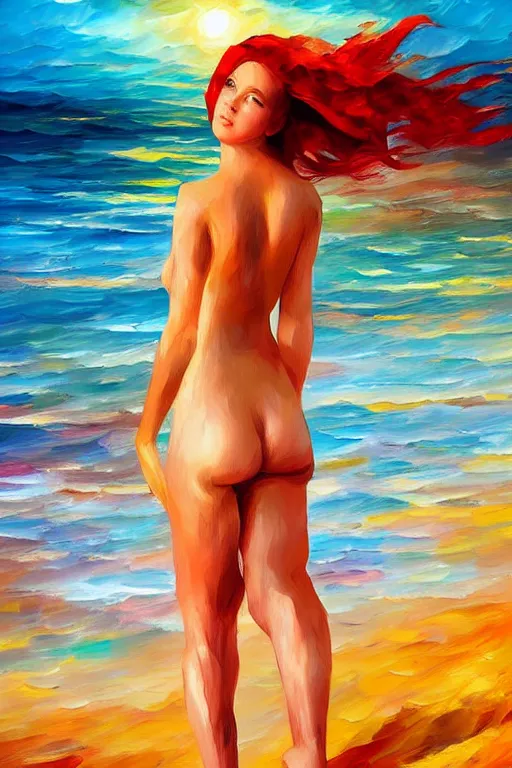 Prompt: a red haired young girl beach surreal, sunrise, dramatic light, impressionist painting, colorful clouds, digital painting, artstation, leonid afremov