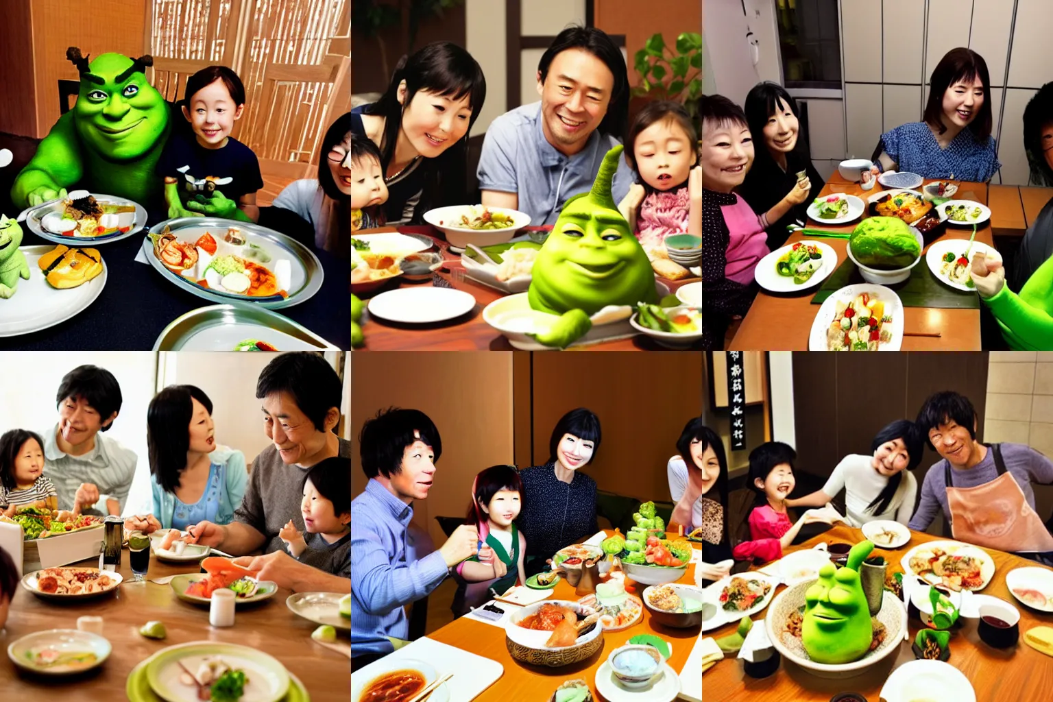 Prompt: japanese family having dinner along with shrek