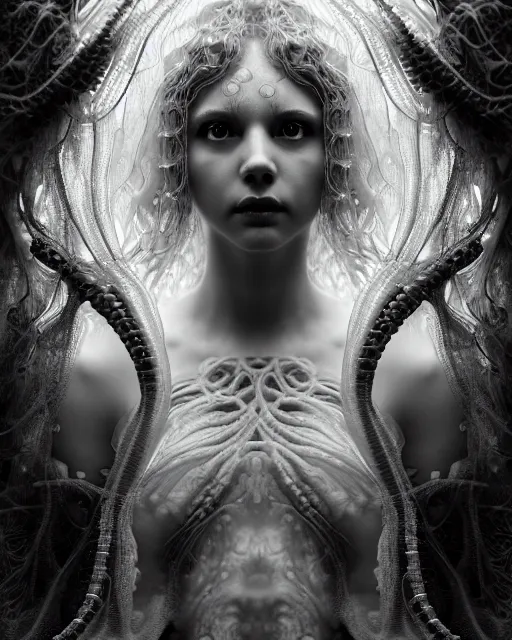 Prompt: mythical dreamy underwater black and white photo of a translucent beautiful female angelic - medusa - vegetal, highly detailed, intricate crystal ivy jelly ornate, poetic, translucent algae ornate, digital art, octane render, 8 k artistic photography, photo - realistic, hg giger