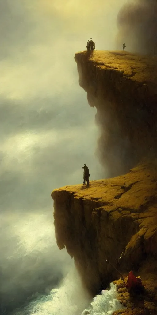 Image similar to a big cliff at the middle of the day in 1 9 4 0, stormy sea, a only men stand up at the edge of the precipice, steam punk, mystical yellow fog, oil on canvas, art by andreas achenbach, clemens ascher, tom bagshaw and sabbas apterus,