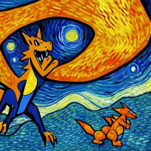 Image similar to Charizard pokemon in the style of Van Gogh, starry night, oil painting, detailed, trending on artstation