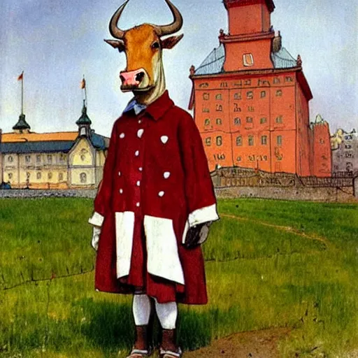 Prompt: painting carl larsson, cow, dressed, anthropomorphic!!, wearing!!! clothes!!!, standing next to royal castle!!!