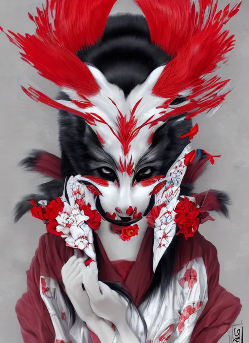 Prompt: maiko wearing a kitsune mask, fluent composition, red white and black, concept art, ambient light, 4 k, intricate details, highly professionally detailed, cgsociety, highly detailed -