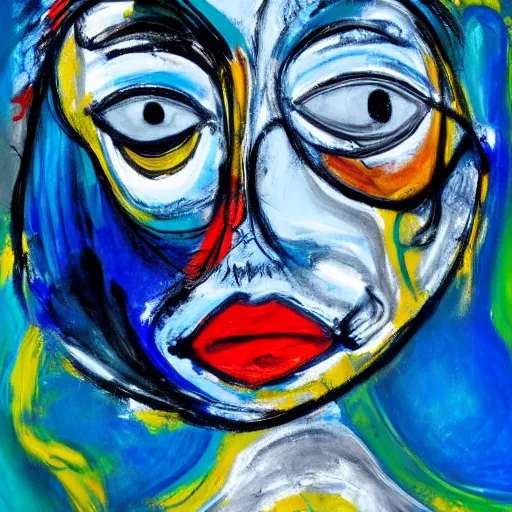 Image similar to chaotic abstract expressionism painting of a face, blue color palette,
