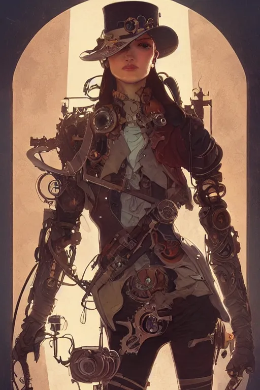 Image similar to steampunk half - cyborg, western gunslinger, smooth, sharp focus, illustration, highly detailed, digital painting, artstation, concept art, by disney animation, rossdraws, alphonse mucha, frank fanzzeta, collectible card art