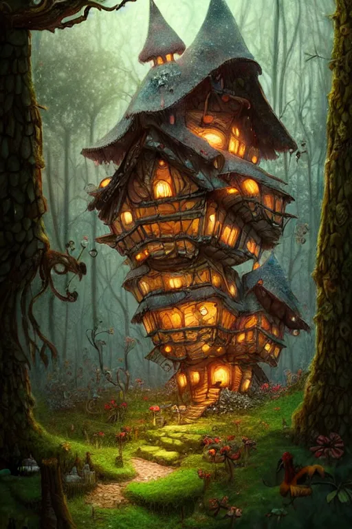 Image similar to a storybook illustration of a ramshackle multistory fairytale hut in the forest, intricate, elegant, fantasy, highly detailed, digital painting, concept art, sharp focus, artstation