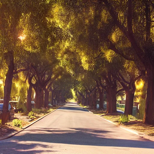 Image similar to neighborhood street, golden hour, golden sunshine, trees over road, shining sun in distance, trees, juniper trees, oak trees, cars parked in street, long street, distance, cel - shaded, raytracing, cel - shading, toon - shading, unreal engine 5