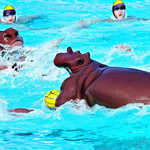 Image similar to hippopotamuses playing water polo against people. sports photograph.