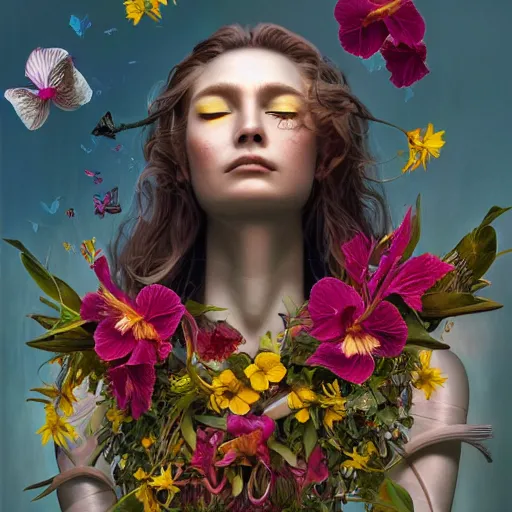 Prompt: a beautiful fine art portrait photo of a resting cyberpunk robotic cyborg, wavy hair spread out, surrounded by hibiscus, daffodils, moth orchids, swallowtail butterflies, montsera leaves by tom bagshaw and zach sutton, soft studio lighting, very detailed, bionic, robotic, deep depth of field, artstation, 4K