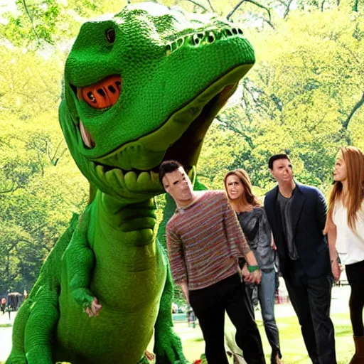 Image similar to The one where Ross leaves Rachel and gets out with a big green dinosaur in Central Park