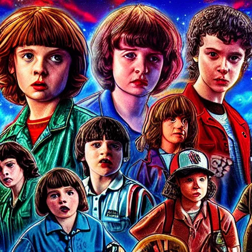 Image similar to stranger things characters pained in a post impressionist style