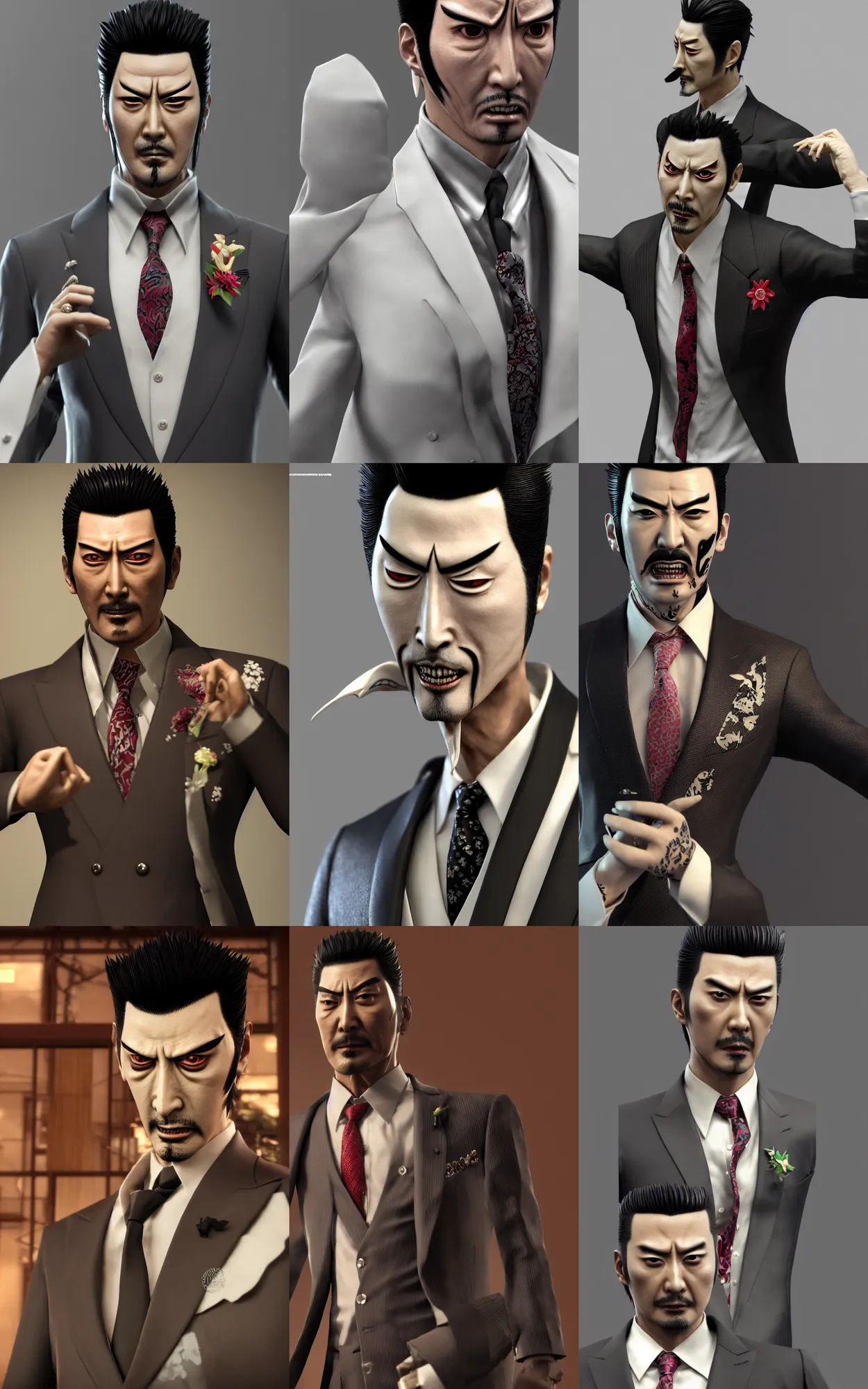 Prompt: kiryu majima, yakuza!!!, close - up, wearing a suit and tie, by ryuzaburo umehara, cg society contest winner, neo - dada, prerendered graphics, handsome, official art, public art, dramatic, ray tracing reflections, 3 d game character, zbrush, blender, octane render