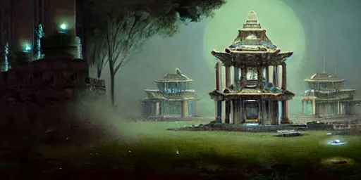 Image similar to beautiful hyperrealistic spectacular painting of intricate ruins of the mysterious futuristic ancient temple, an advanced alien technology clockwork timemachine with a green glowing crystal from the future is inside the temple, by hubert robert and lee madwick and bastien lecouffe deharme, dramatic moonlight lighting