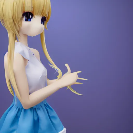 Image similar to cute fumo plush of a girl in a blue and gold dress pointing at the camera, high quality material bssrdf, vray, anime girl