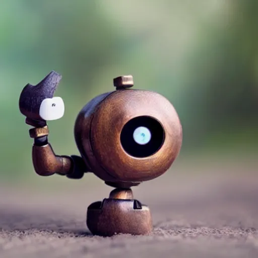 Prompt: a super cute tiny wooden robot has fallen in love with an acorn, octane, tilt shift, googly eyes, hearts, twee