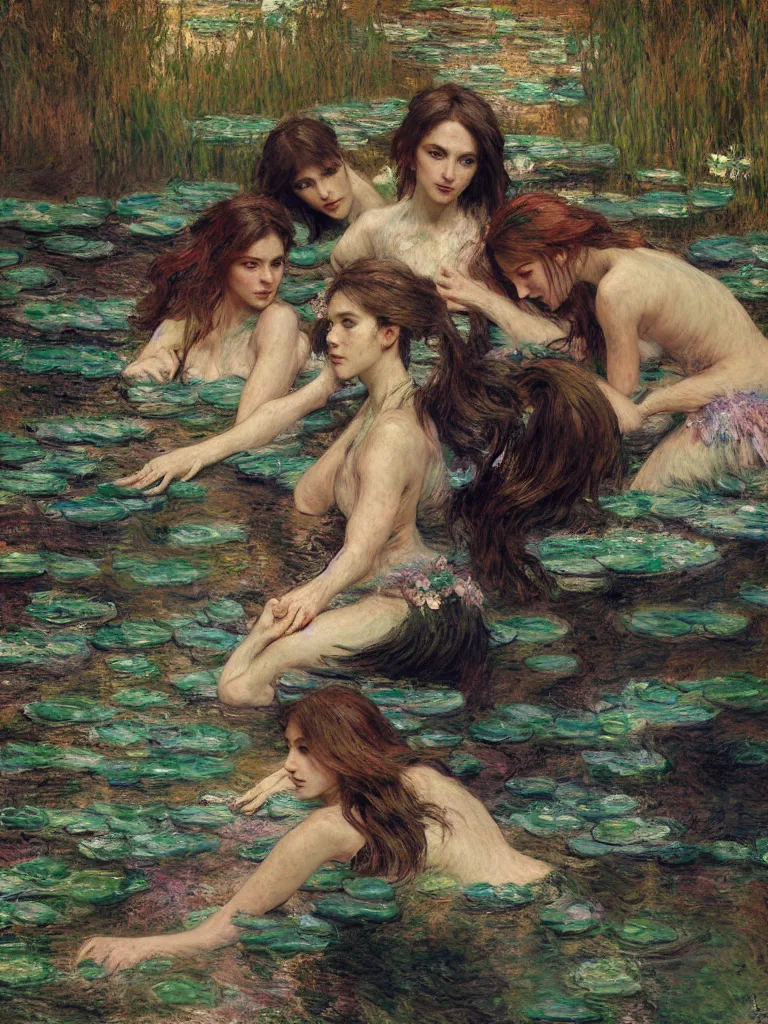 Image similar to illustration studio portrait of three dark beautiful mermaids female energy in artistic poses in the river at the forest, monet painterly motives and textures pattern, hyper detailed, octane render, vivid colors, artstation, by jeremy mann, by alphonse mucha, by monet