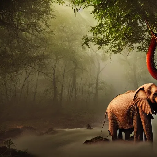 Prompt: an elephant octopus chimera, in a jungle with ominous light from above, ambient light, fog, river