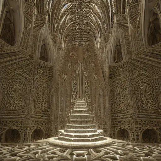 Image similar to a hyperrealistic 3 d render of a sprawling fractal cathedral interior populated by mandelbrot fractals, unreal engine, carved ivory, carved soap, white color scheme, physically based render, volumetric lighting, octane render, glowing, carved marble, opalescent, sacred geometry, catholicpunk, stark, 8 k, ultra detailed