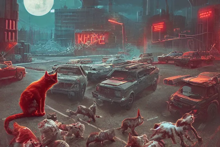 Prompt: cats defending themselves from horde of zombies on a red minivan, sci fi, art by mike winkelmann, trending on cgsociety, retrofuturism, darksynth, sci - fi