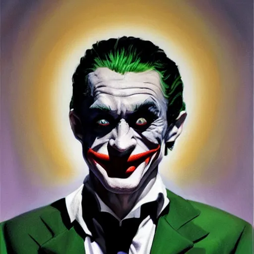 Prompt: peter o'toole as the joker, portrait, realistic, concept art, painting by alex ross