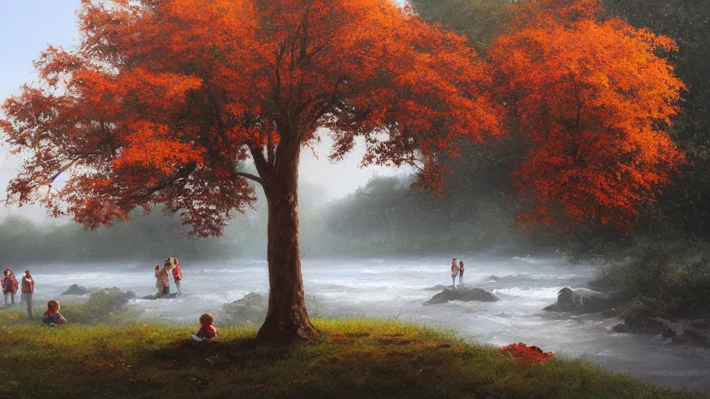 Image similar to A beautiful oil painting of a single tree, the tree is in the rule of thirds, a family is under the tree having a picnic, the kids are playing in the river, the fall has arrived and the leafs started to become golden and red, the river is flowing its way, the river has lots of dark grey rocks, oil painting by Greg Rutkowski