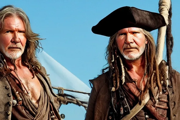 Image similar to promotional image of Harrison Ford as a pirate in the new Pirates of the Carribean movie, realistic, detailed face, movie still frame, promotional image, imax 70 mm footage