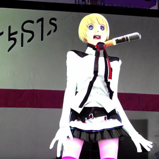 Prompt: Aigis from Persona 3 singing on stage