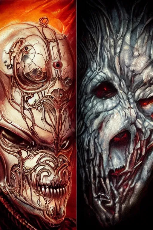 Image similar to Elden Ring and Doom themed painting of majestic crimson biomechanical necro revenant human hybrid beautiful undead angel symmetrical angry mask closeup face angry mask closeup tattoo pattern golden ratio concept, Neo-Gothic concept, infinity glyph waves, intricate artwork masterpiece, very coherent artwork, cinematic, full frontal facial features by Artgerm, art by H.R. Giger, Takato Yamamoto, Zdizslaw Beksinski, Johnatan Wayshak, Moebius, Ayami Kojima, very anatomically coherent artwork, trending on cgsociety, ultra high quality model, production quality cinema model, high detail chromatic ink outline, octane render, unreal engine 8k, hyper realism, high detail, octane render, unreal engine, 8k, High contrast