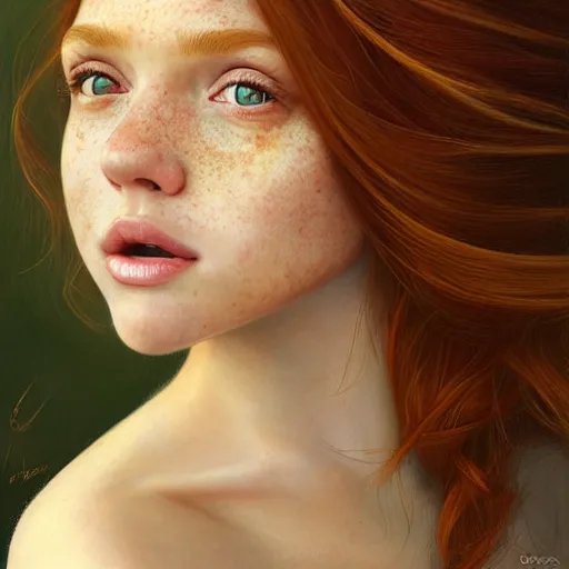 Image similar to a highly detailed, hyper realistic, red haired young woman, with long hair, green eyes, hint of freckles, gentle face, cheeky smile, among golden fireflies, deep focus, elegant, digital painting, smooth, sharp focus, golden ratio, illustration, ultra realistic, 8 k, art by artgerm and caravaggio