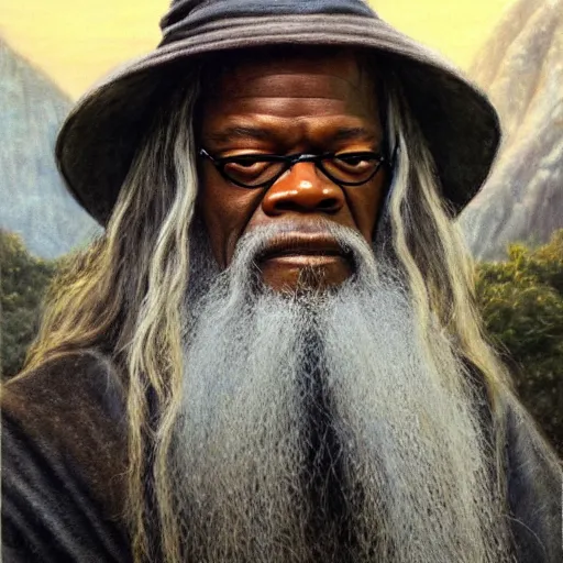 Image similar to portrait of samuel jackson as gandalf, by alan lee, lord of the rings calendar, smooth, detailed terrain, oil painting, matte painting, concept art, trending on artstation