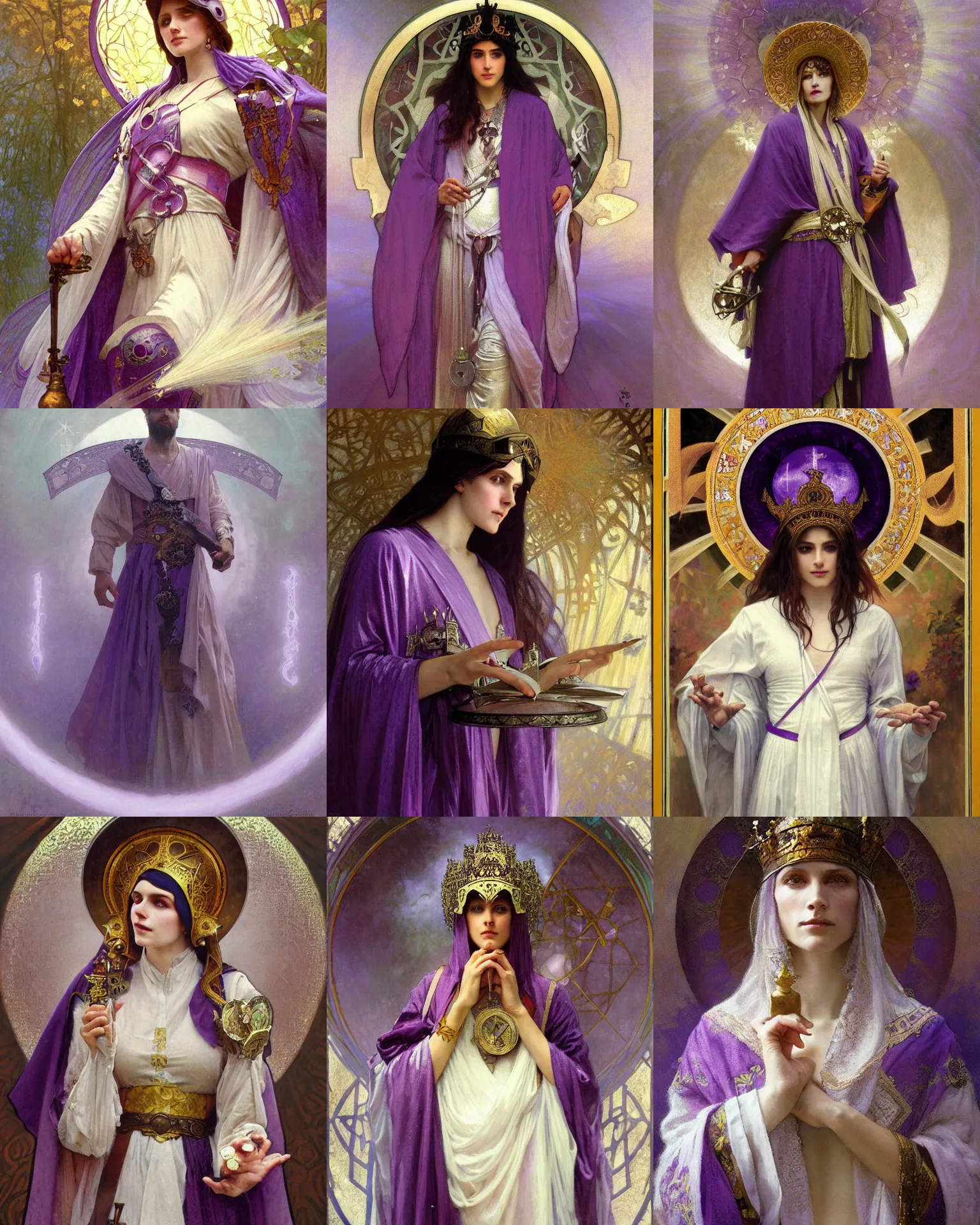 Prompt: portrait of a divine person dressed in purple robes and a round helmet, knight helmet, silver crown, runes, jewelry, mystical, ethereal, magical white fog, painting by greg rutkowski and alphonse mucha