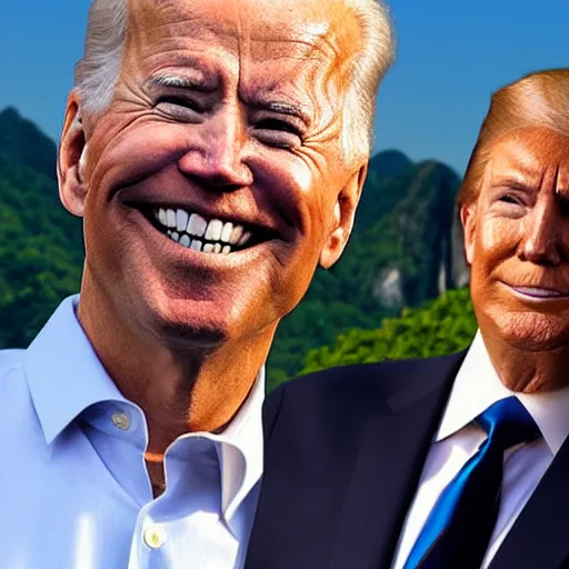 Prompt: realistic 4k image of Biden and Trump together drinking a caipirinha drink with Rio de Janeiro Corcovado on the background