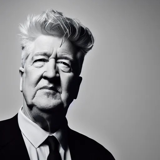 Prompt: Black & White portrait photograph of David Lynch, Chiaroscuro lighting