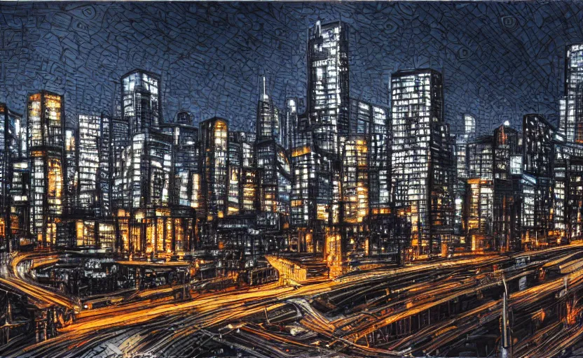 Image similar to portrait of modern cityscape at night, 8 k, intricate, highly detailed, hyper realistic