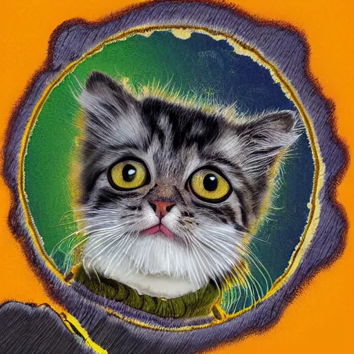 Prompt: A cartoon illustration of a fuzzy picky face kitten sitting on the top of planet earth, digital art, in the style of Norman Rockwell