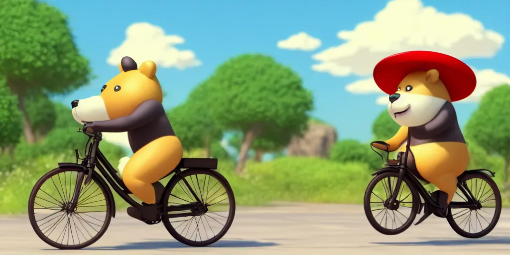 Image similar to shot of a cute bear on a bike wearing a sunhat studio ghibli pixar disney animation sharp render