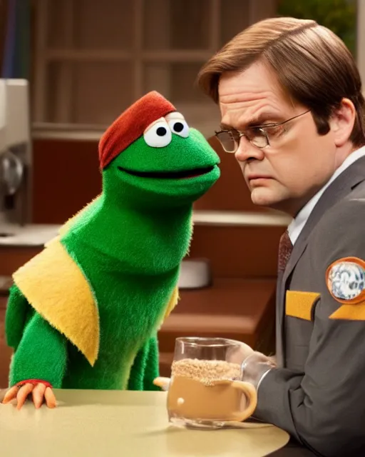 Image similar to film still from the office, dwight schrute as a mumpet!!. highly detailed felt. hyper real photo, octane, sesame street, jim henson, 4 k.