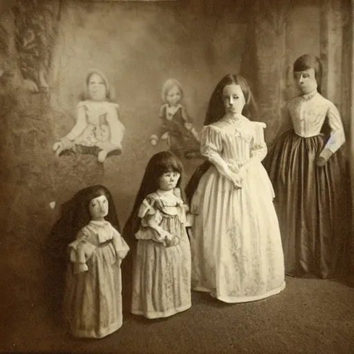 Prompt: 1 8 0 0 s portrait of a girl in a room full of dolls, creepy, historical photograph