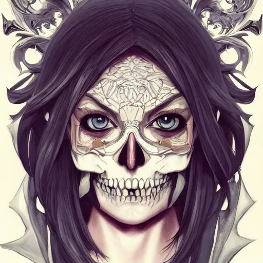 Image similar to anime manga skull profile young woman skeleton, elf, lotr, galadriel, Tolkien, unreal engine, intricate, elegant, highly detailed, digital art, art by JC Leyendecker and sachin teng