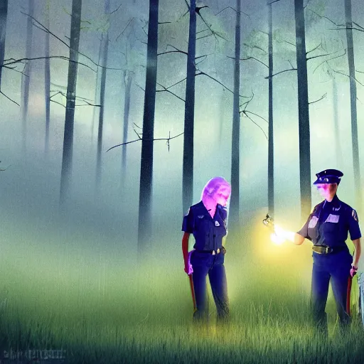 Prompt: two beautiful blonde female cops inspecting a ufo in a forest, lake, torch lighting, hyper realism, eery