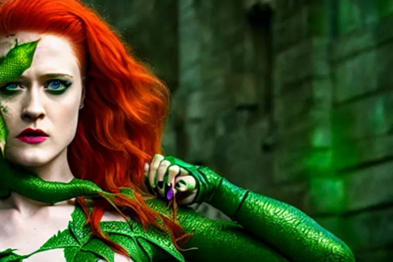 Image similar to 4 k still of evan rachel wood as poison ivy, detailed, photorealistic