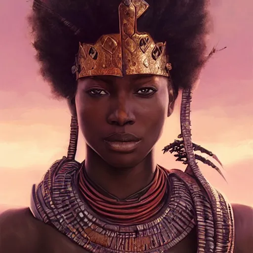 Image similar to african warrior queen, detailed portrait, intricate complexity, by greg rutkowski, artgerm, ross tran, conrad roset, takato yomamoto, ilya kuvshinov. 4 k, beautiful, cinematic dramatic atmosphere