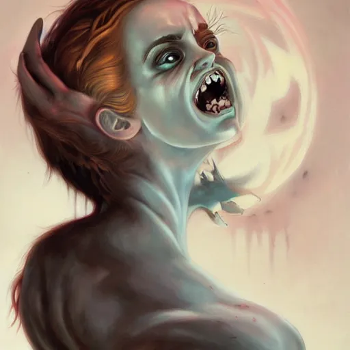 Image similar to emma watson demonic birth from insanity dimension by peter mohrbacher