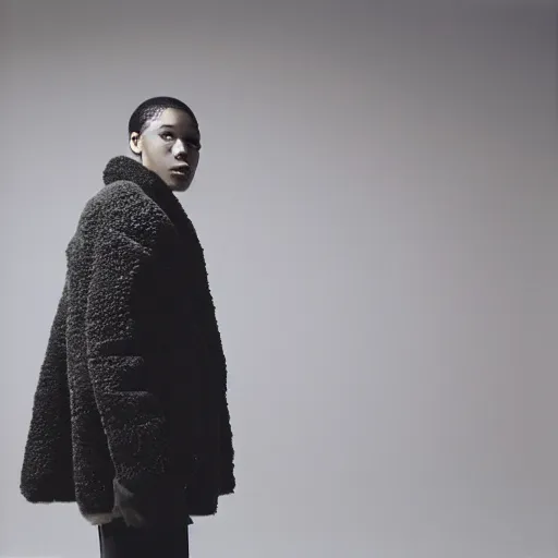 Image similar to realistic photoshooting for a new balenciaga lookbook, color film photography, portrait of a beautiful woman, model wearing a sherpa jacket, by photo in style of Tyler Mitchell, 35mm,