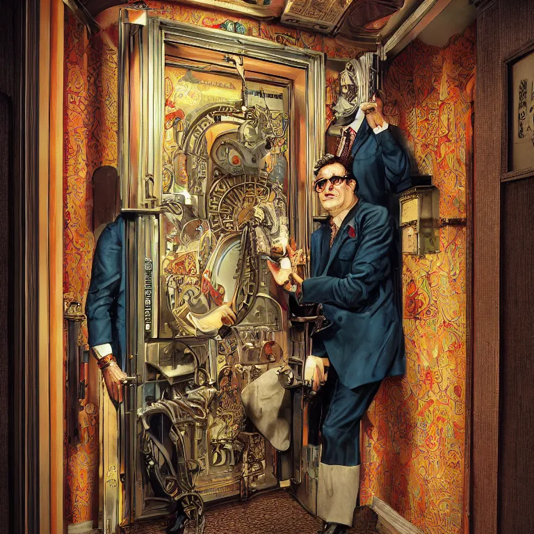 Image similar to professional octane render portrait by wayne barlow and carlo crivelli and glenn fabry, a sinister man in a bright colorful saturated wes anderson elevator operator costume inside a dark and moody vintage elevator in a high - end exotic vintage boutique hotel, very short depth of field